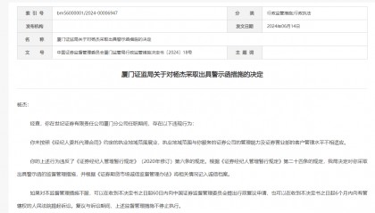 因执业过程中存违规行为 一证券从业人员被厦门证监局警示